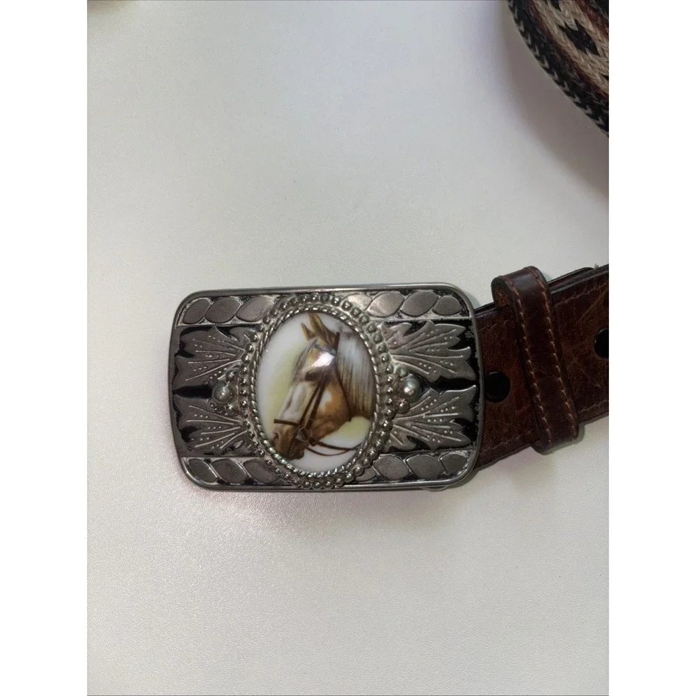 Genuine Hand-Braided Horsehair Western Leather Belt Engraved Horse Buckle Silver